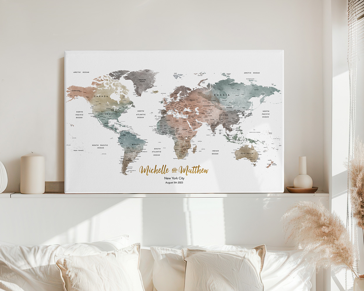 World map featuring muted colors and custom text for Michelle and Matthew in New York City.