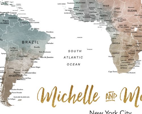 Map illustration featuring South America and Africa with the names Michelle and Me in gold lettering.