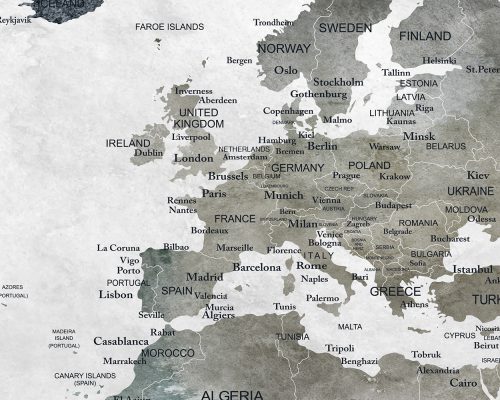 Detailed map of Europe showing country names and major cities in a muted color palette.