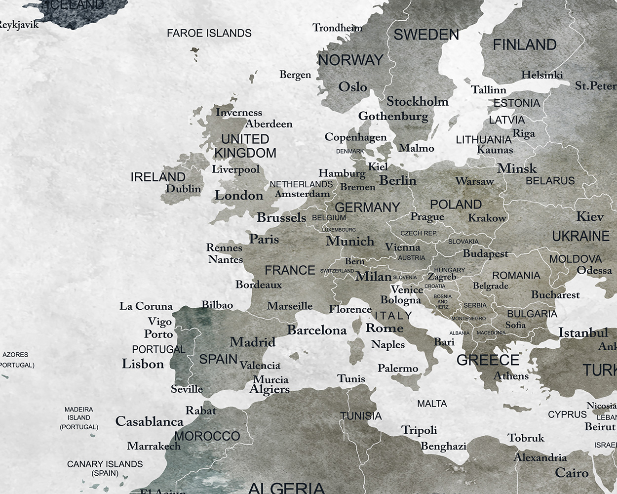 Detailed map of Europe showing country names and major cities in a muted color palette.
