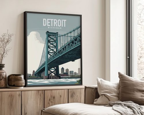 Framed artwork of the Detroit Michigan bridge with a city skyline in the background.