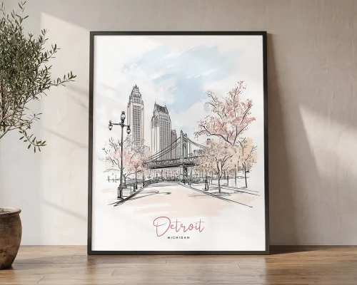 Detroit Skyline Drawing Watercolor Wall Art Poster | ArtPrintsVicky