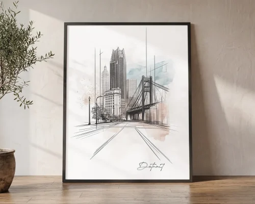 Detroit Skyline Drawing — Watercolor Wall Art Print | ArtPrintsVicky