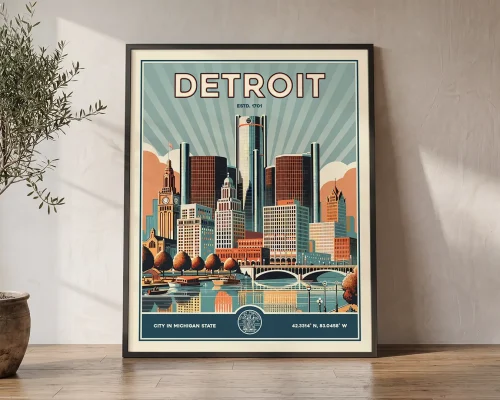 Detroit Travel Poster — Vintage Motor City Wall Art | ArtPrintsVicky