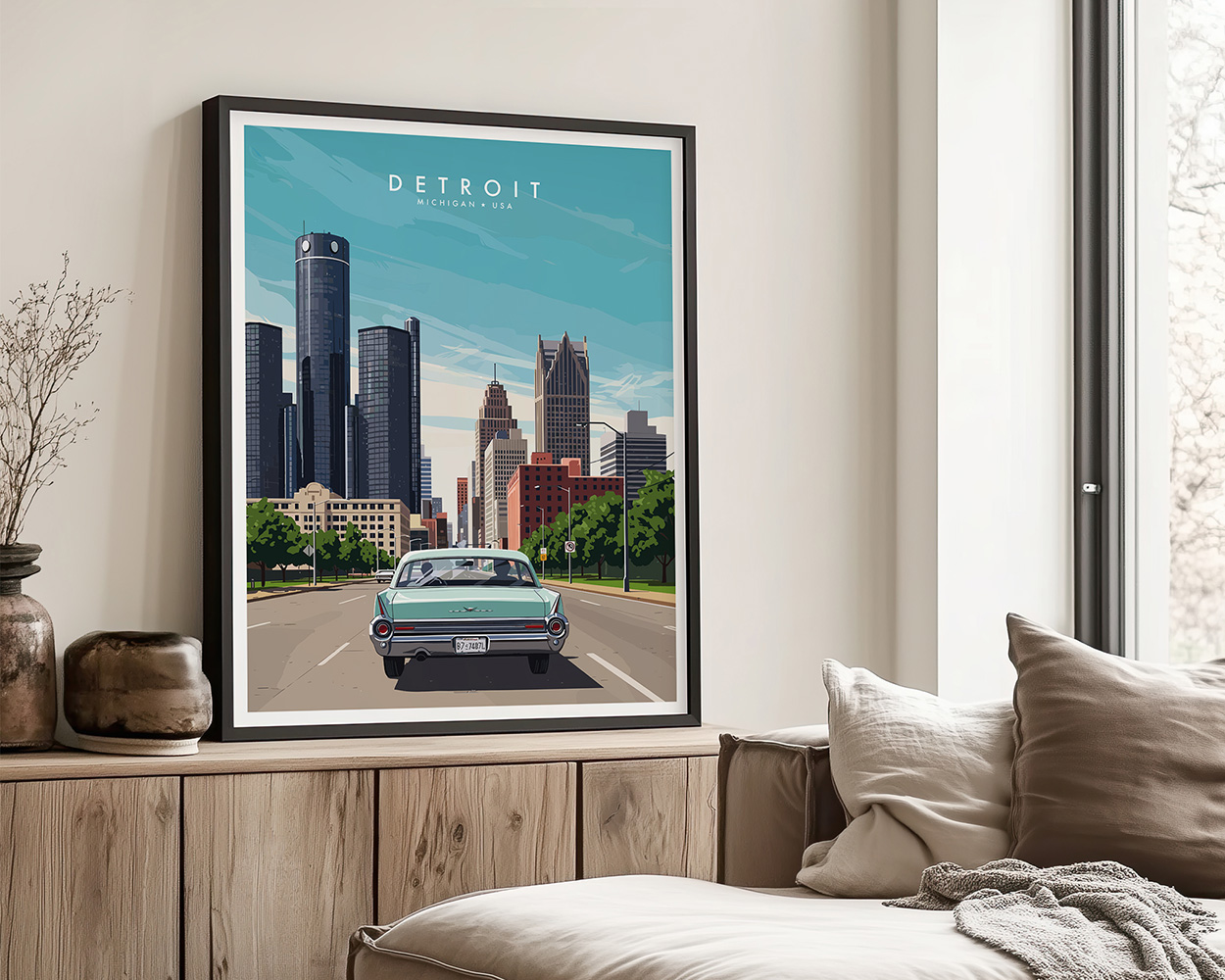 Illustration of a vintage car driving towards a skyline of Detroit with tall buildings.