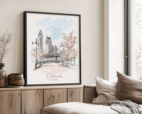 Illustration of Detroit featuring buildings and trees in a minimalist style.
