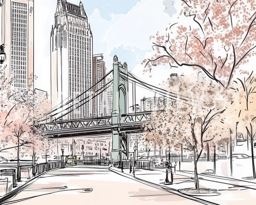 Illustration of a cityscape in Detroit featuring a bridge and buildings with trees in the foreground.