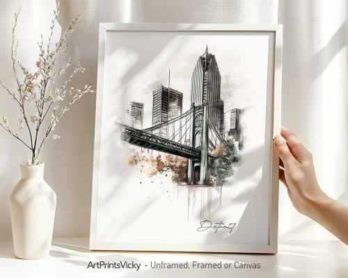 Illustration of a cityscape featuring the Detroit skyline and a bridge in a framed artwork.