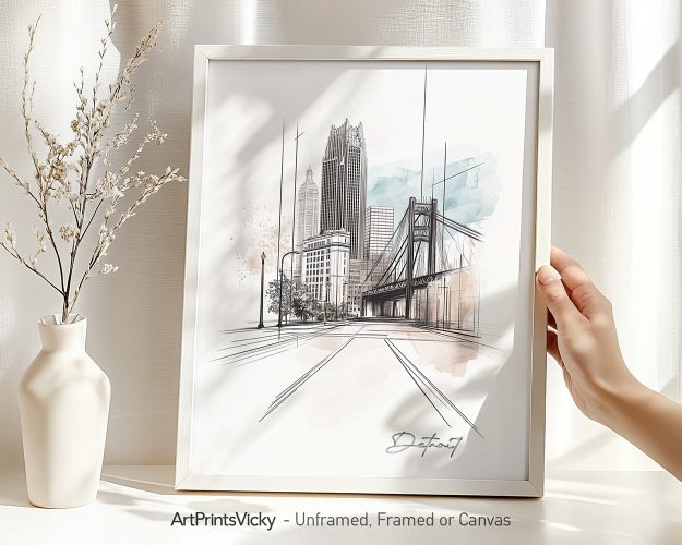 Artistic drawing of Detroit cityscape featuring buildings and a bridge in a framed display.