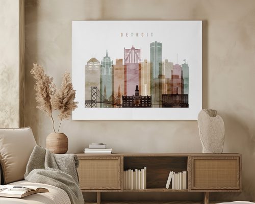 Art print of the Detroit skyline featuring various buildings in muted colors.