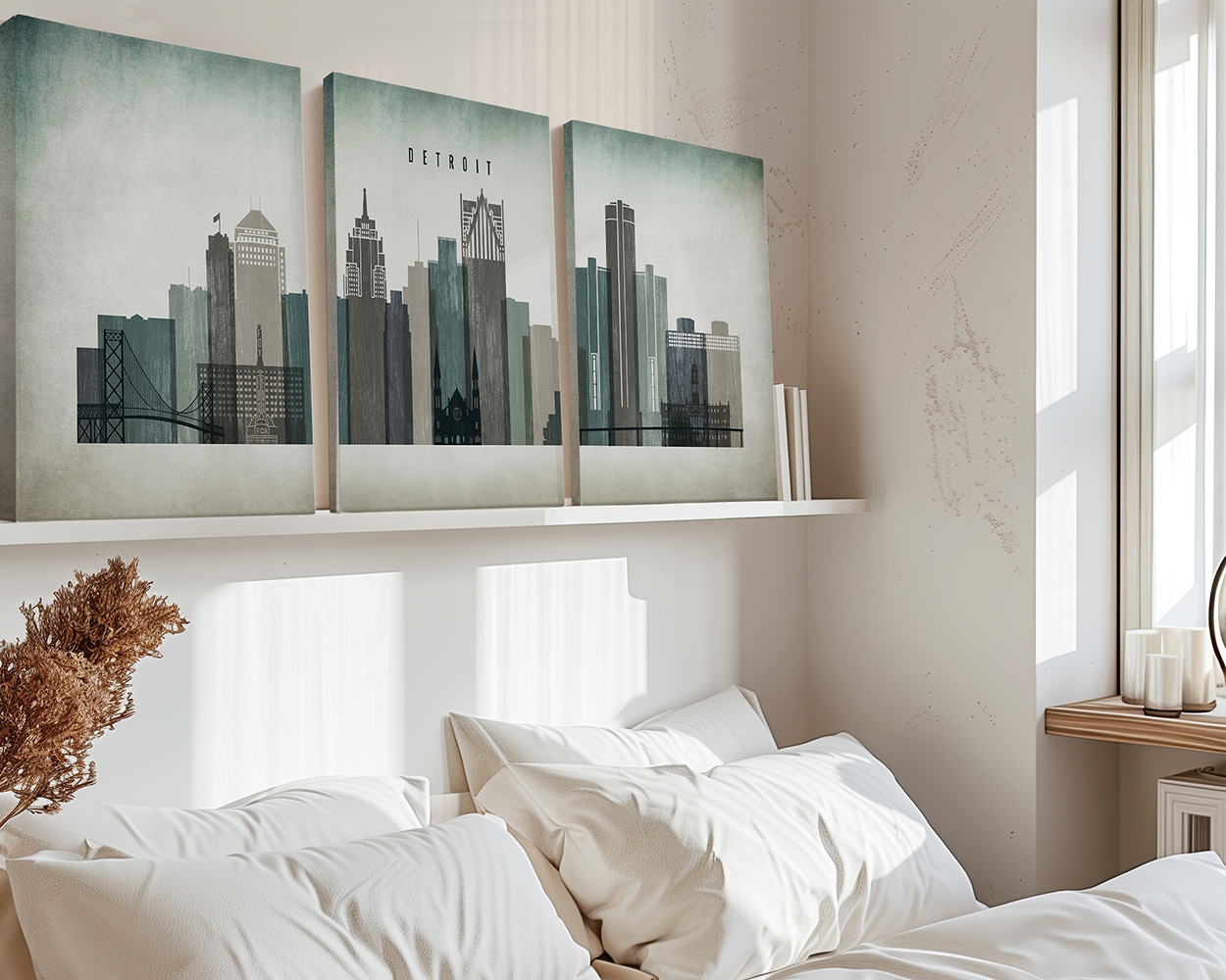 Three-panel artwork depicting the Detroit city skyline with buildings and structures in muted colors.