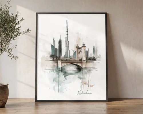 Dubai Skyline Drawing — Watercolor Wall Art Print | ArtPrintsVicky