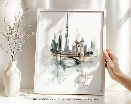 Illustration of a Dubai cityscape featuring the Burj Khalifa and a bridge over water.