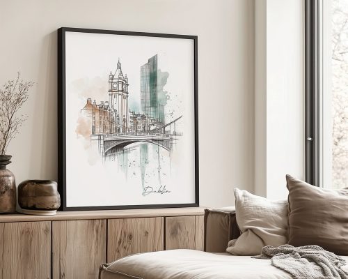 Artistic drawing of Dublin cityscape featuring buildings and a bridge in a framed print.