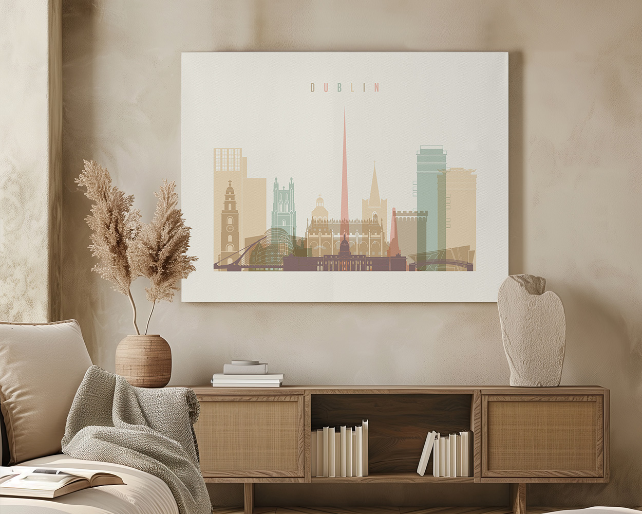 Illustration of Dublin's skyline featuring notable buildings and landmarks in a minimalist style.