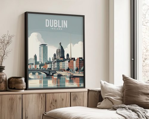 Framed artwork depicting a cityscape of Dublin, Ireland with buildings and a river.
