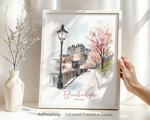 Illustration of Edinburgh featuring a castle, trees, and a lamppost in a framed print.