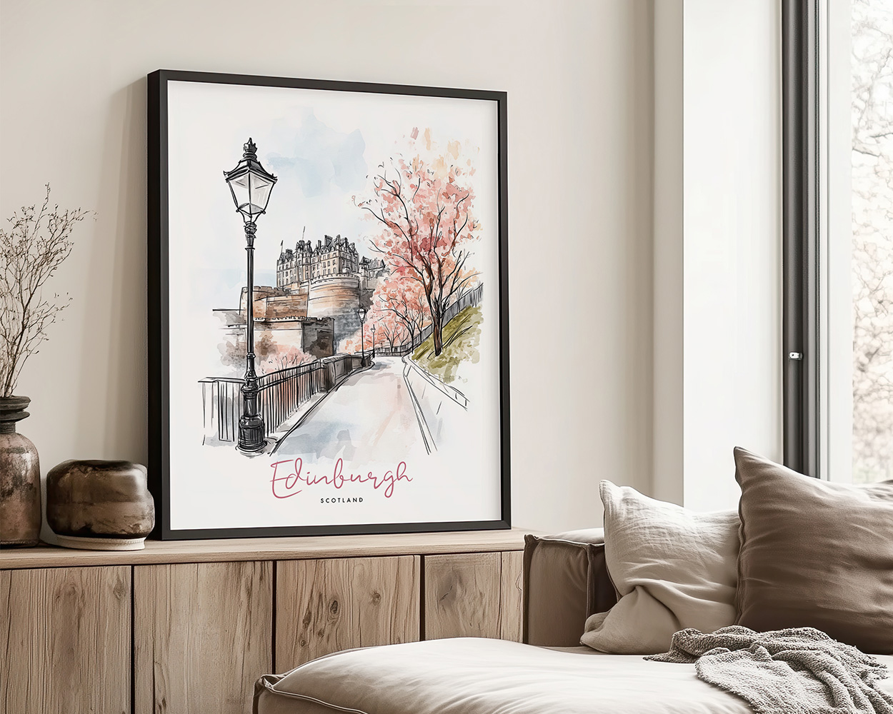 Illustration of Edinburgh featuring a castle, trees, and a street lamp in a framed print.