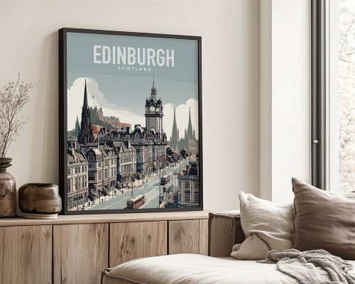 Framed travel poster of Edinburgh featuring iconic buildings and a street scene.