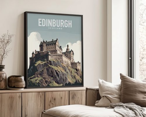 Illustration of Edinburgh Castle with a rocky base and a blue sky background.