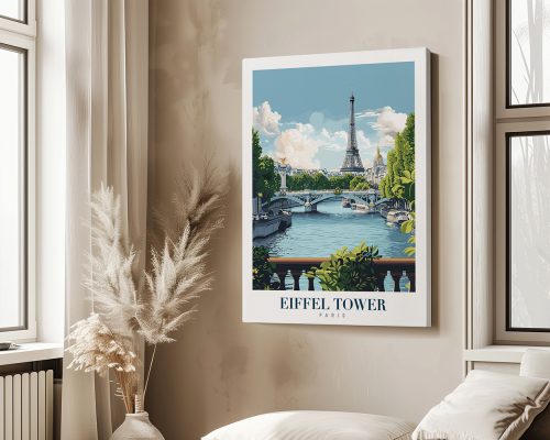 Illustration of the Eiffel Tower with a river and bridge in the foreground, framed on a wall.