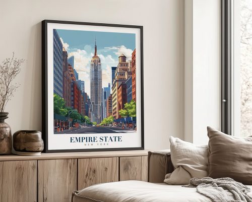 Art print of the Empire State Building framed in a modern interior setting.