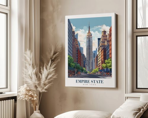 Illustration of the Empire State Building surrounded by city buildings and trees in New York.