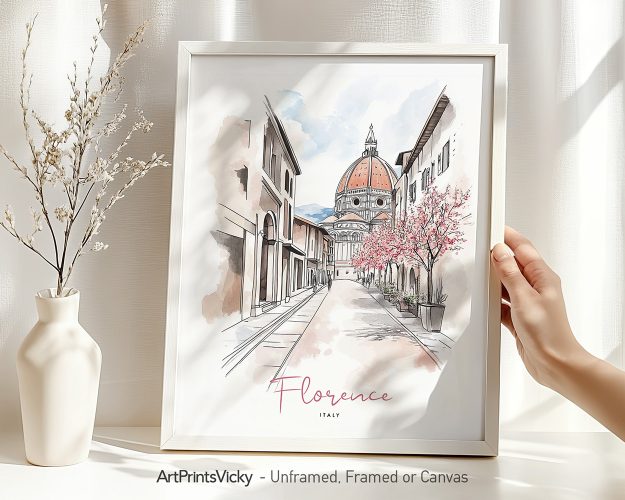 Illustration of a street in Florence, Italy, featuring buildings and a dome in the background.