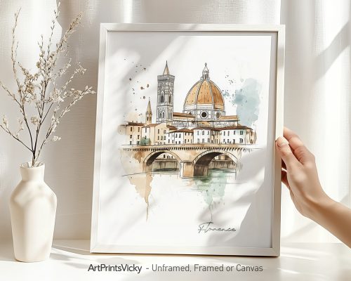 Artistic drawing of Florence featuring the Duomo and Ponte Vecchio in a framed print.