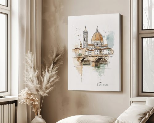 Illustration of the Ponte Vecchio bridge and Duomo in Florence, Italy, with soft colors and artistic details.