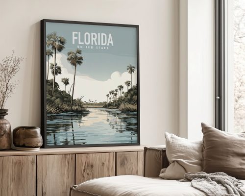 Art print featuring a Florida landscape with palm trees and a river under a cloudy sky.