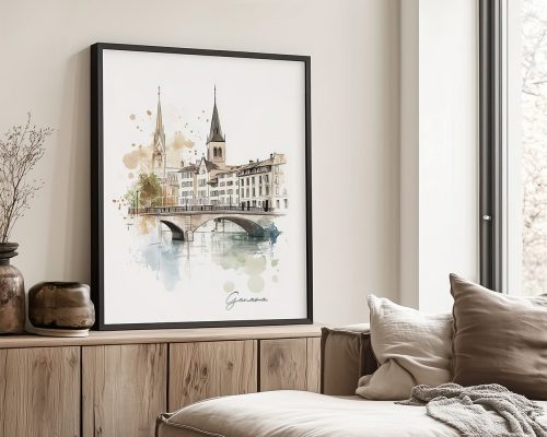 Artistic illustration of Geneva featuring buildings and a bridge over water.