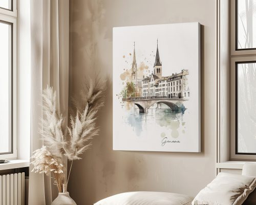 Artistic depiction of Geneva featuring buildings and a bridge over water with soft colors.