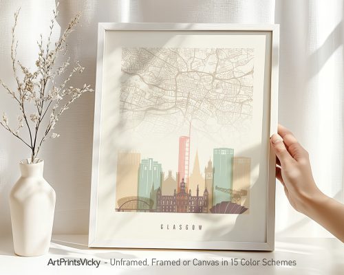Art print of a map of Glasgow featuring notable buildings and streets in a minimalist style.