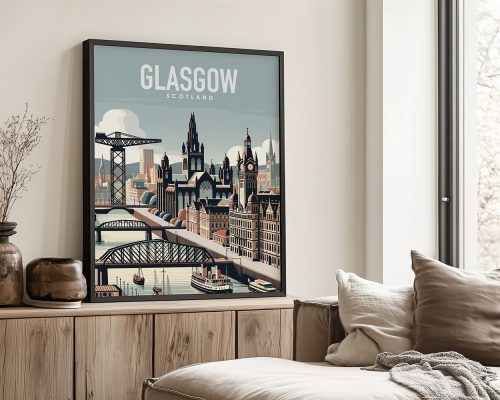 Framed print of Glasgow, Scotland featuring buildings and a bridge in a stylized design.