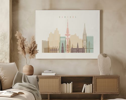 Illustration of Hamburg city skyline featuring various buildings and landmarks in pastel colors.