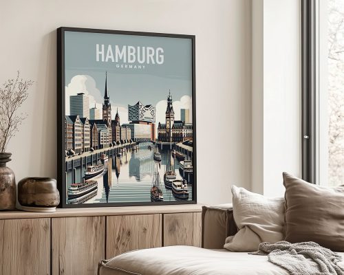 Framed print of Hamburg, Germany featuring buildings and boats along the water.