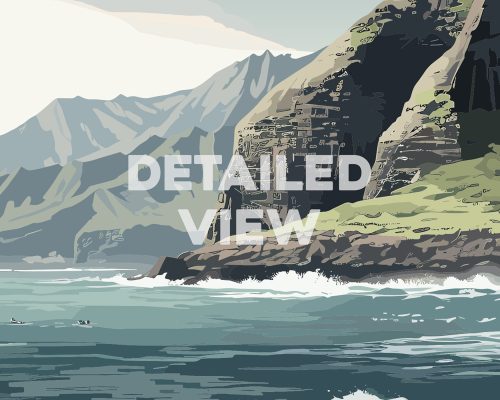 Illustration of a coastal landscape featuring mountains and ocean waves in a detailed view.