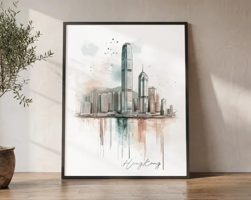 Hong Kong Skyline Drawing — Watercolor Wall Art | ArtPrintsVicky