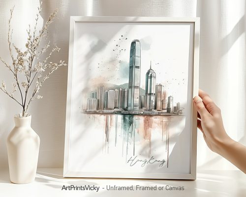 Hong Kong Drawing Watercolor Poster - Hong Kong skyline Wall Art, available as unframed, framed and canvas prints by ArtPrintsVicky