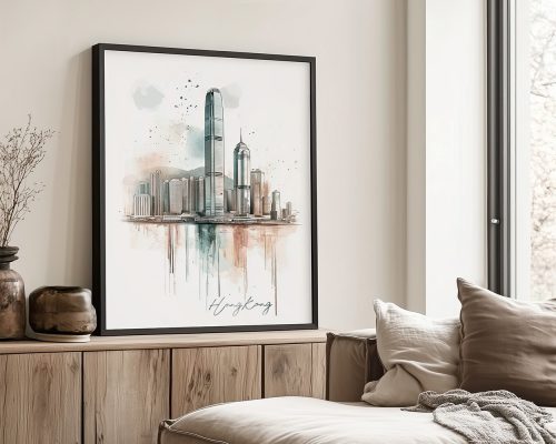 Artistic representation of Hong Kong's skyline with prominent buildings and soft colors.