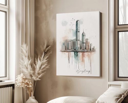 Artistic drawing of Hong Kong skyline featuring skyscrapers and a watercolor effect.