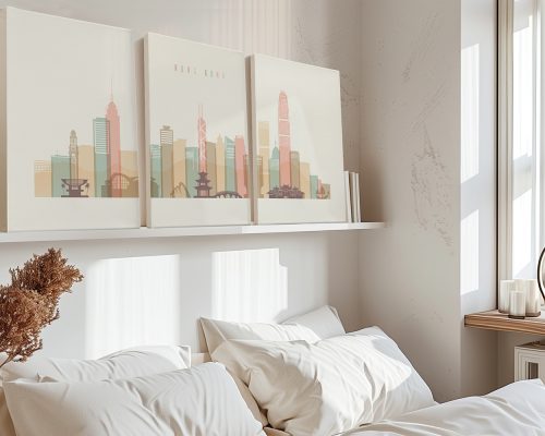 Three canvas prints depicting a stylized cityscape of Hong Kong with pastel colors.