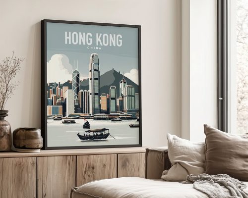 Framed artwork depicting a cityscape of Hong Kong with boats and skyscrapers.