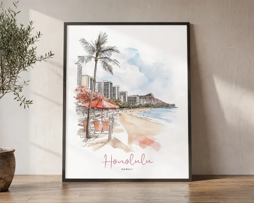 Honolulu Waikiki Beach Wall Art Print | ArtPrintsVicky