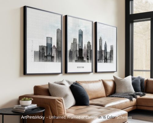 Houston 3 Piece Framed Wall Art Skyline Set | ArtPrintsVicky