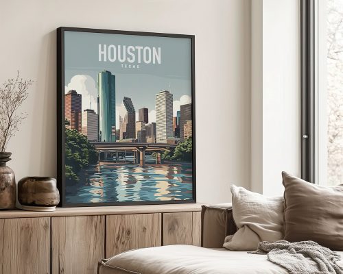 Illustration of Houston skyline with buildings and a river, framed and displayed indoors.