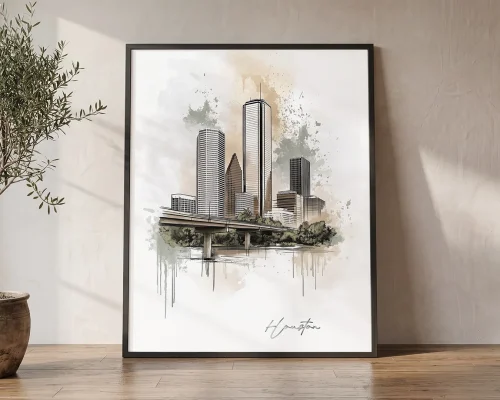 Houston Skyline Drawing — Watercolor Wall Art | ArtPrintsVicky