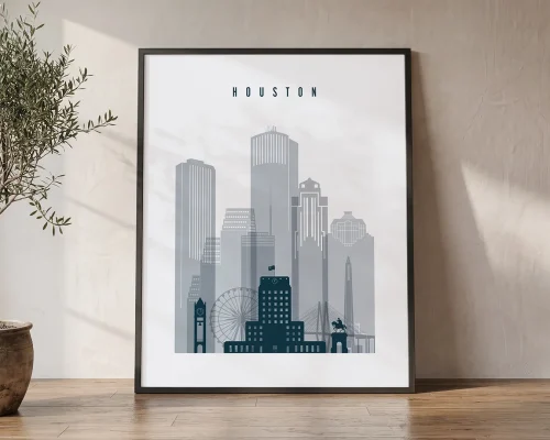 Houston Skyline Wall Art Grey Blue Poster | ArtPrintsVicky