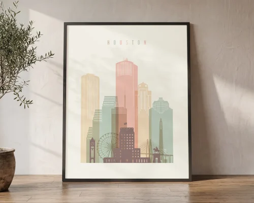 Houston Skyline Wall Art Print Cream Pastel | ArtPrintsVicky